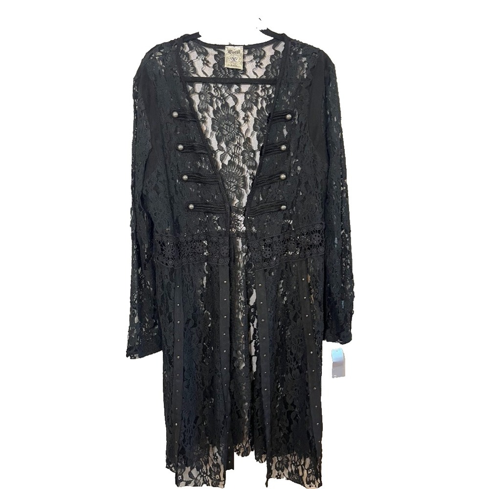 Floral Lace Military Cardigan Black XL Whimsical Romantic Sheer Mesh Boho Retro